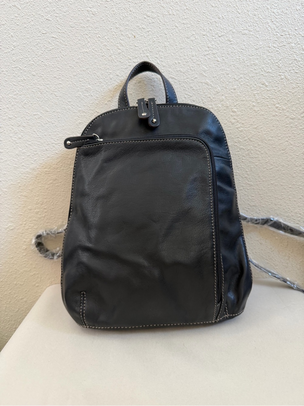 NEW Tignanello Black Leather Small Backpack Purse Zip Pockets 11x9x3